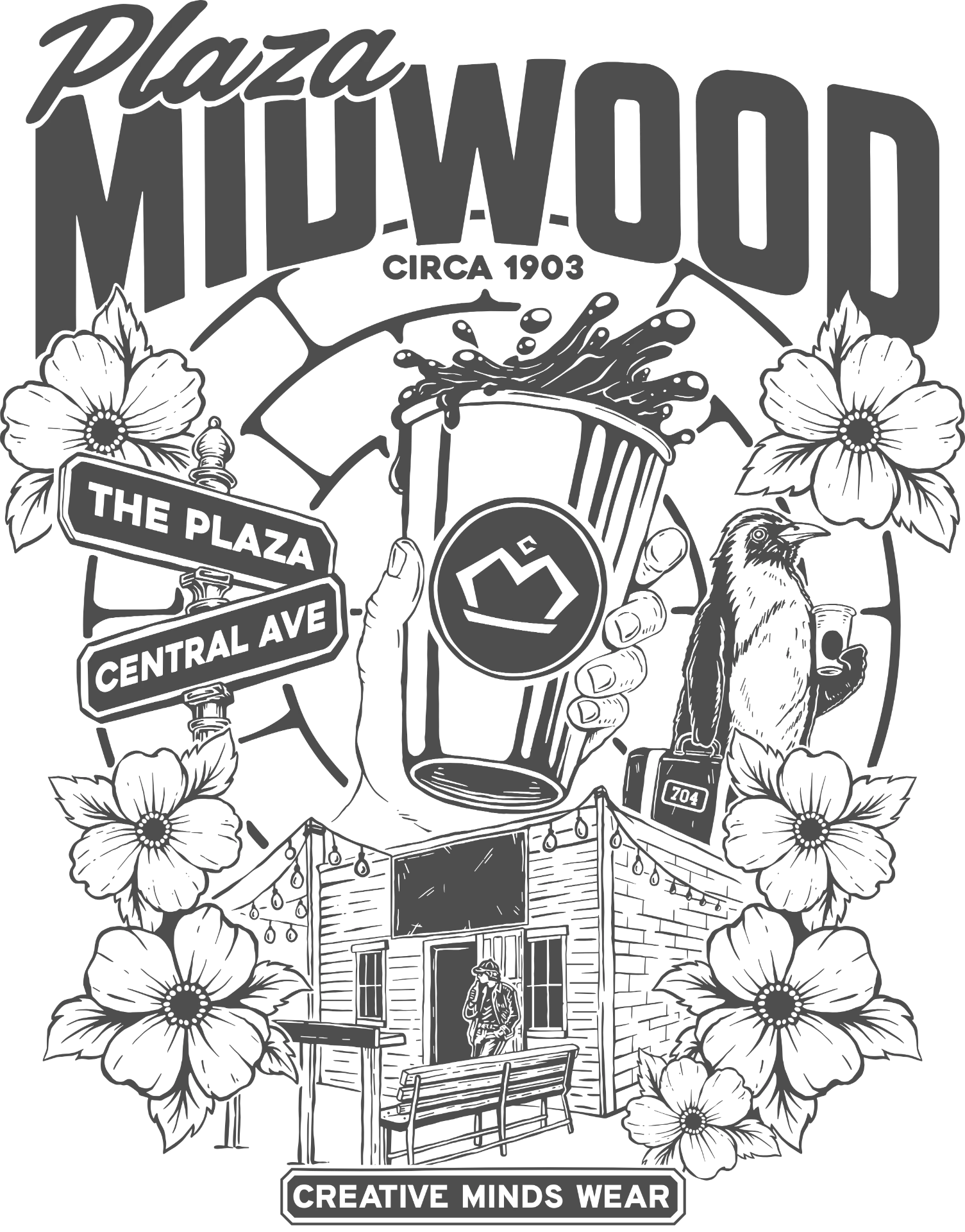 Close-up of the Plaza Midwood artwork showing street signs, the Social District cup, penguin and dogwood details