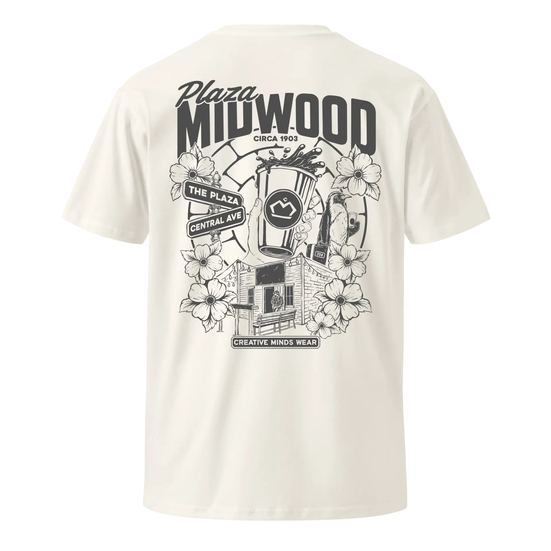 Back of the Plaza Midwood T-shirt with the full neighborhood illustration